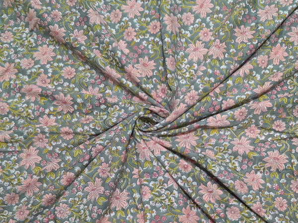 Grey Pink Floral Cotton Cambric Kalamkari Fabric