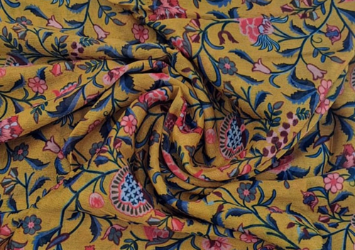 Mustard Yellow Floral Printed Chiffon Fabric - Kapda Shop