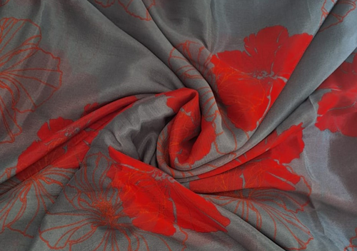 Grey & Red Floral Printed Chiffon Fabric - Kapda Shop
