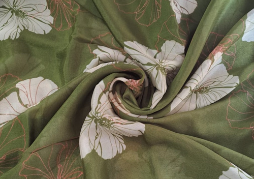 Green & White Floral Chiffon Fabric - Kapda Shop