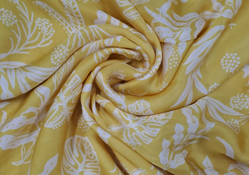 Yellow & White Floral Satin Fabric - Kapda Shop