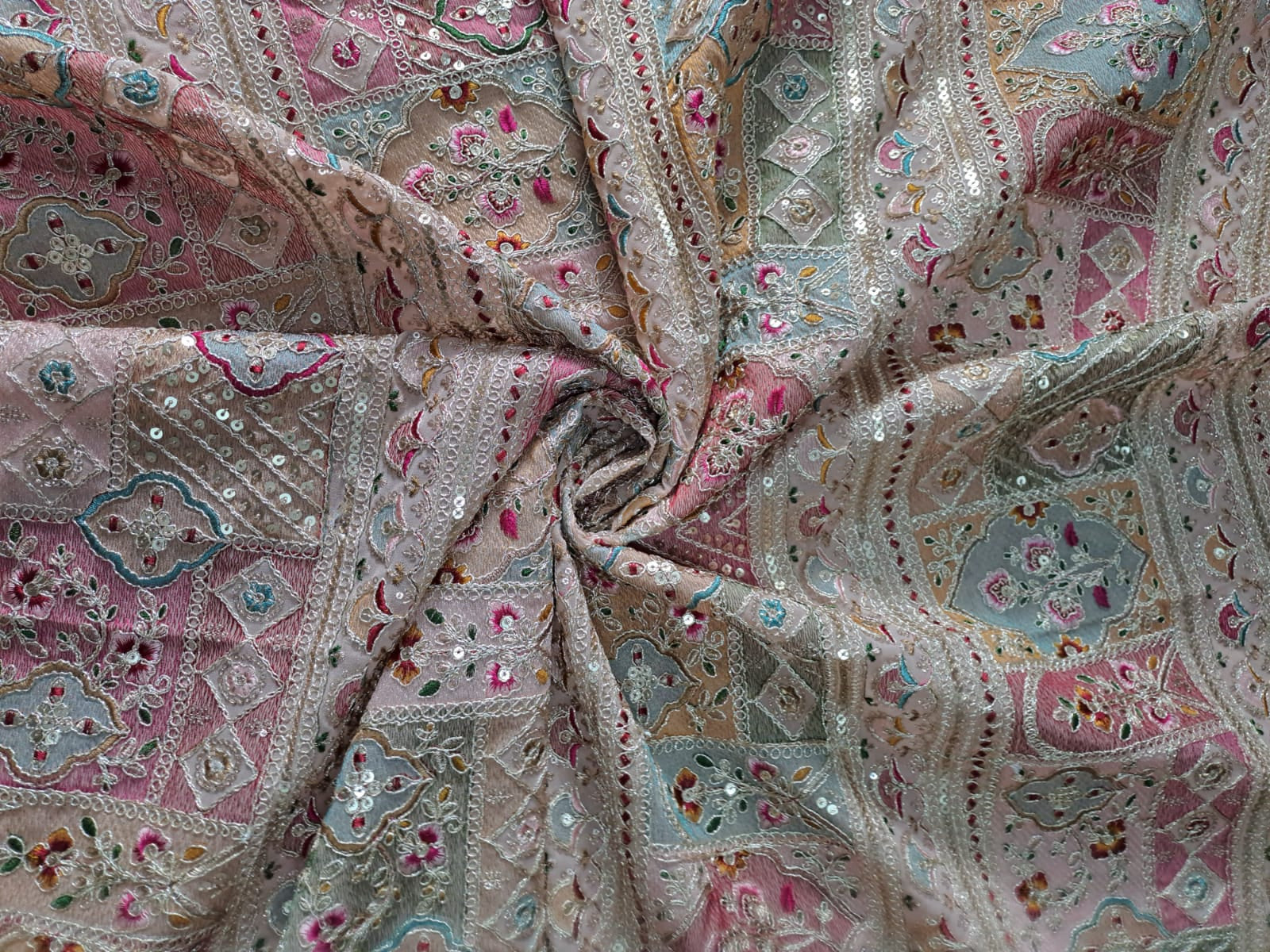 Peach Floral Heavy Embroidered Georgette Fabric - Kapda Shop