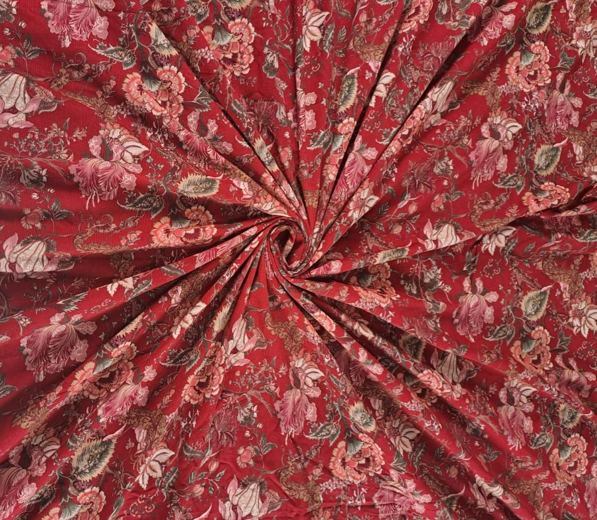 Red Floral Premium Pleated Corduroy Fabric - Kapda Shop