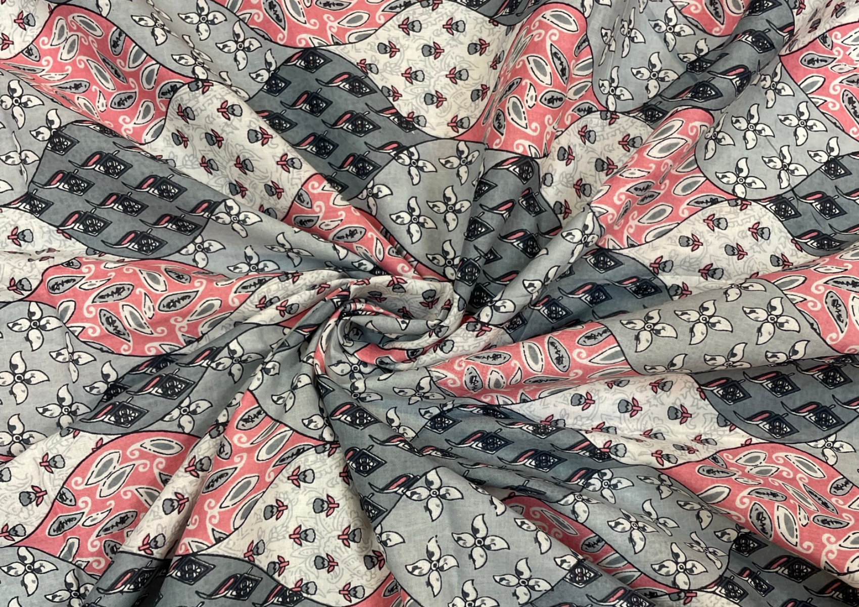 White & Grey Abstract Cotton Cambric Fabric - Kapda Shop