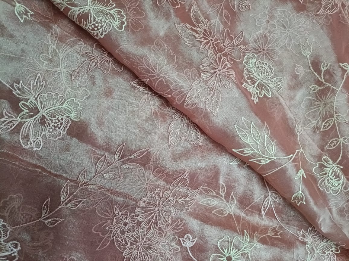 Baby Pink Floral Pure Tissue Embroidered Fabric KTEX