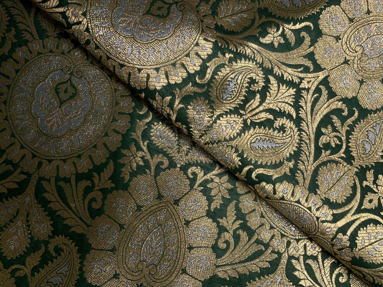 Green & Gold Floral Banarasi Semi Brocade Fabric KTEX