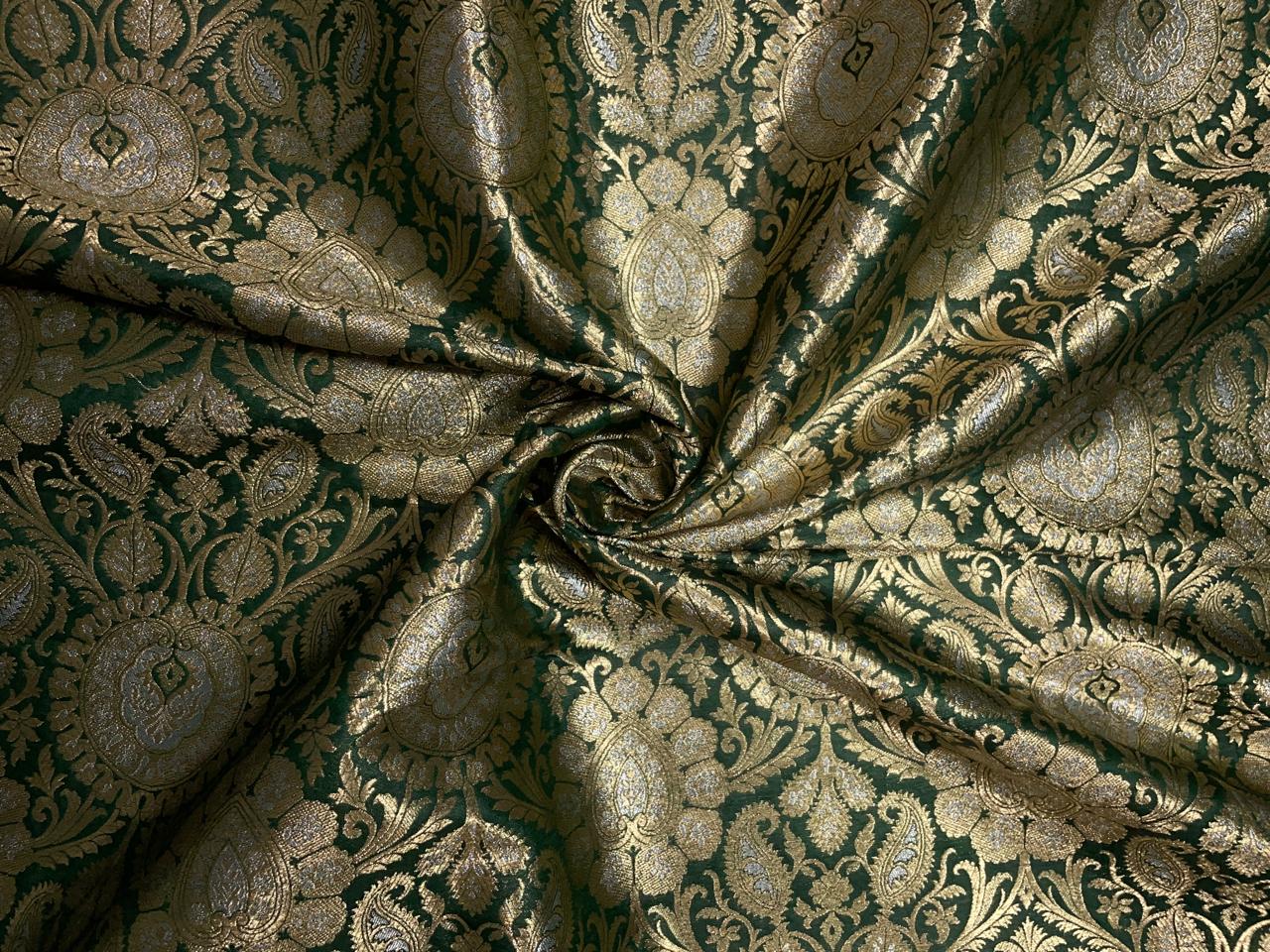Green & Gold Floral Banarasi Semi Brocade Fabric KTEX
