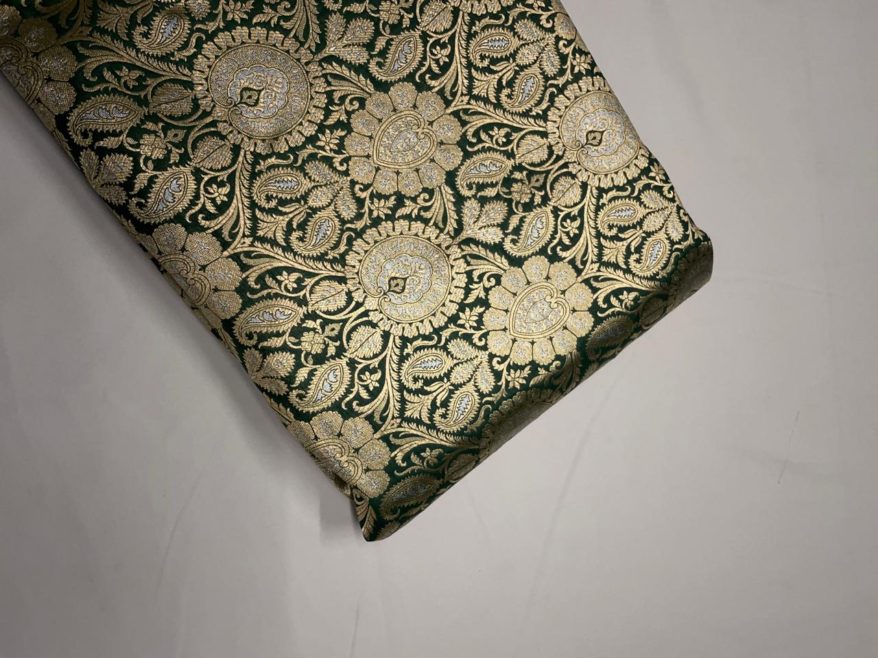 Green & Gold Floral Semi Brocade Fabric Kapdashop