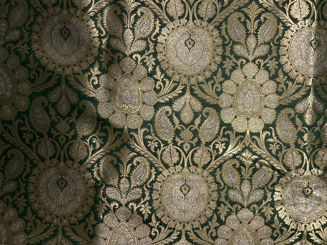 Green & Gold Floral Banarasi Semi Brocade Fabric KTEX