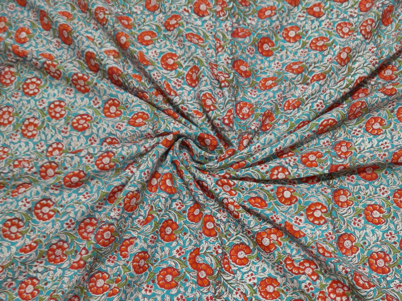 Blue And Red Floral Cotton Kalamkari Fabric
