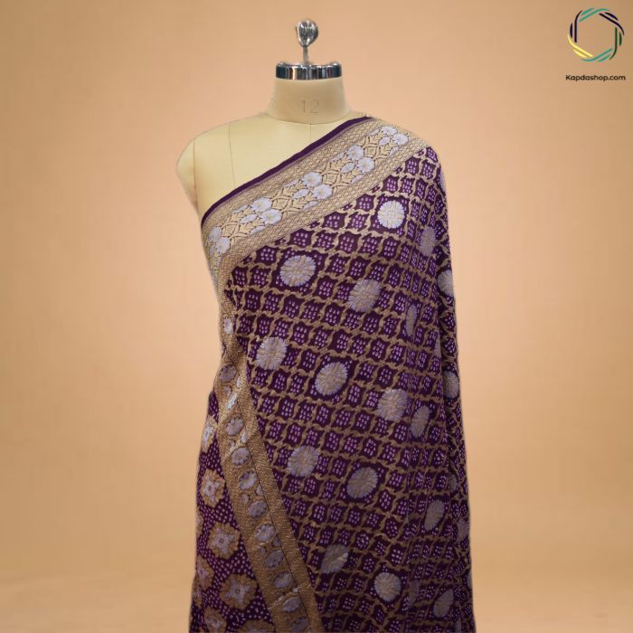 The Majestic Bloom – Purple Pure Georgette Dupatta with Golden Grace KTEX