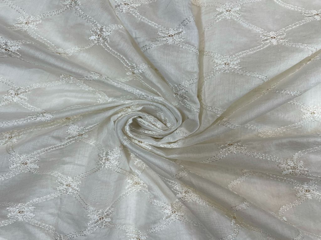 White Traditional Dyeable Embroidered Pure Chanderi Silk Fabric - Kapda Shop
