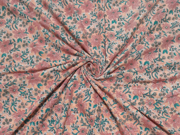 Pink Floral Cotton Cambric Kalamkari Fabric