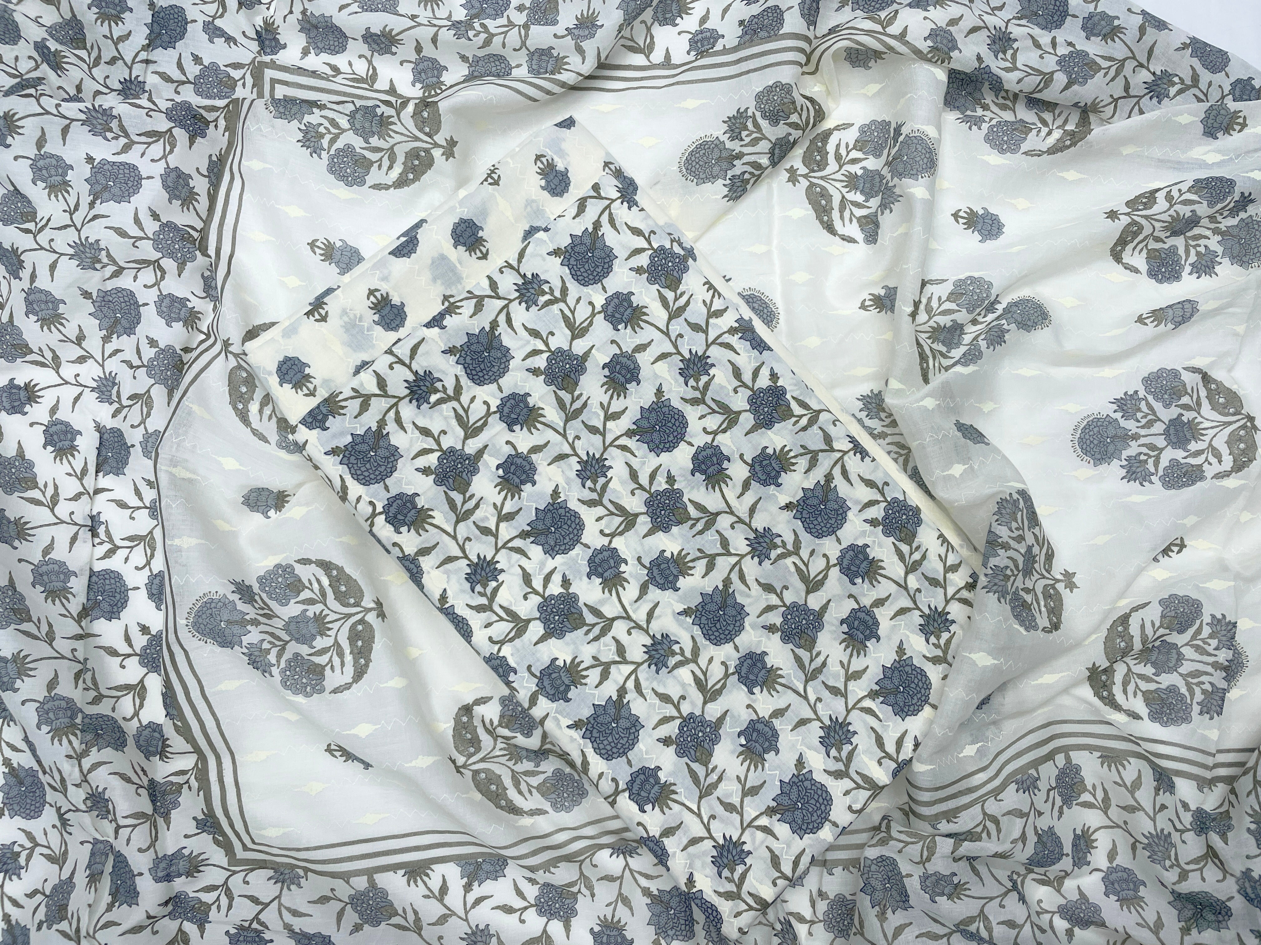 Off-White & Gray Floral Pure Cotton Suit Set With Dupatta (Unstitched) - Kapda Shop