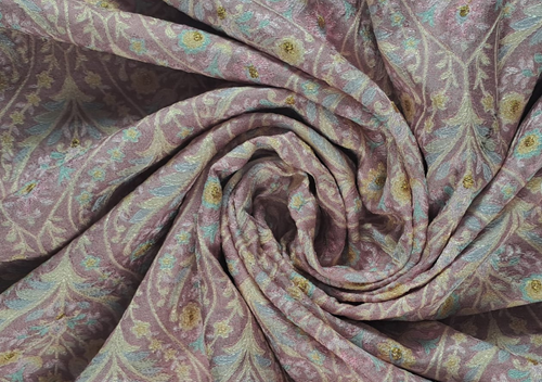 Onion Pink Floral Embroidered Dola Silk Fabric - Kapda Shop