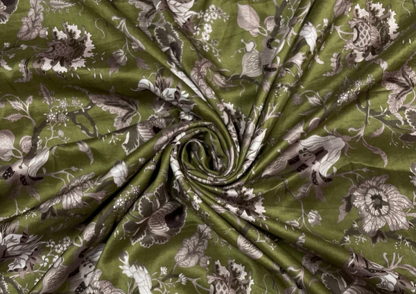 Mehendi Green Floral Pure Chanderi Silk Fabric