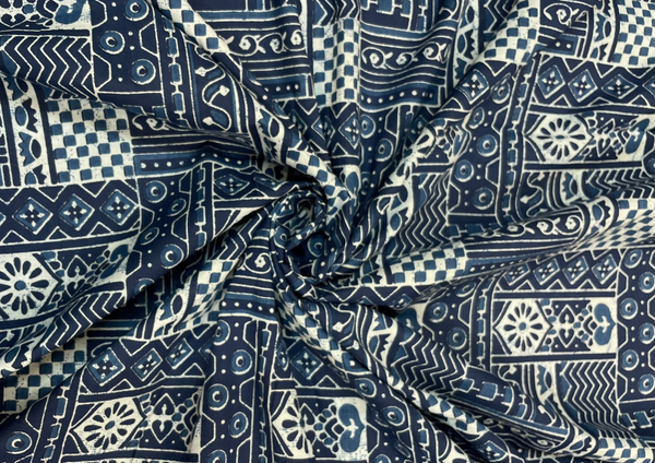 Indigo Abstract Dabu Printed Cotton Cambric Fabric