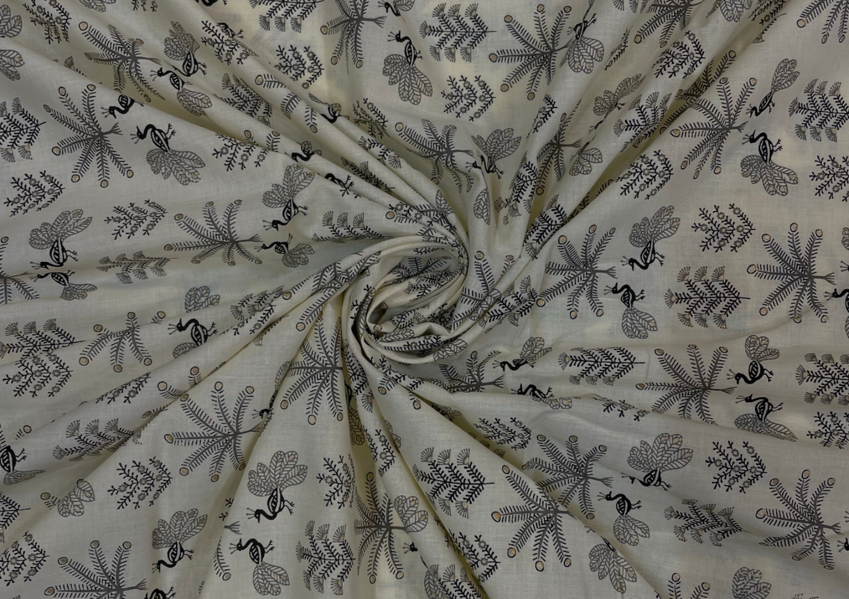 Cream & Black Traditional Printed Cotton Cambric Fabric - Kapda Shop