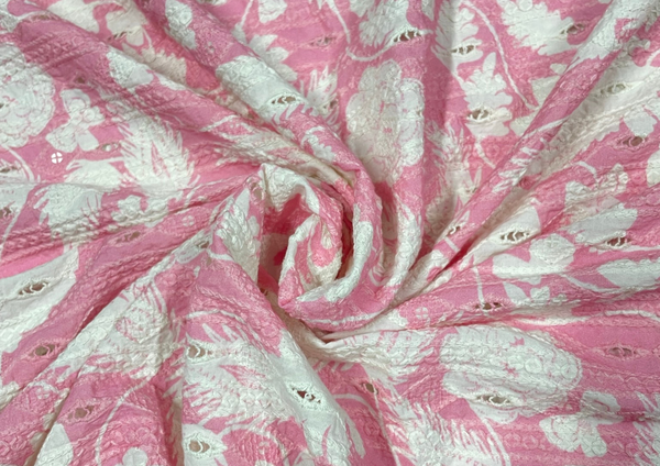 Pink Floral Embroidered Hakoba Printed Cotton Fabric