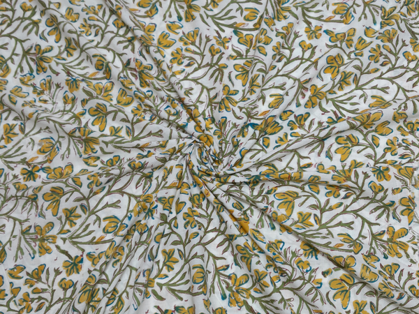 White Yellow Floral Cotton Cambric Kalamkari Fabric