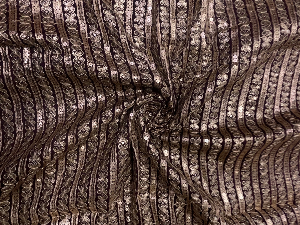 Dark Purple Designer Embroiderd Chinon Chiffon Fabric KTEX
