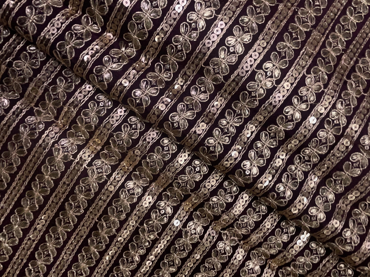 Dark Purple Designer Embroiderd Chinon Chiffon Fabric KTEX
