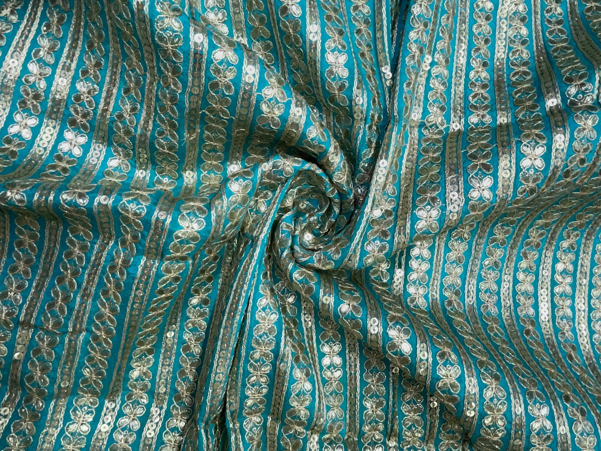 Sea Blue Designer Embroiderd Chinon Chiffon Fabric KTEX