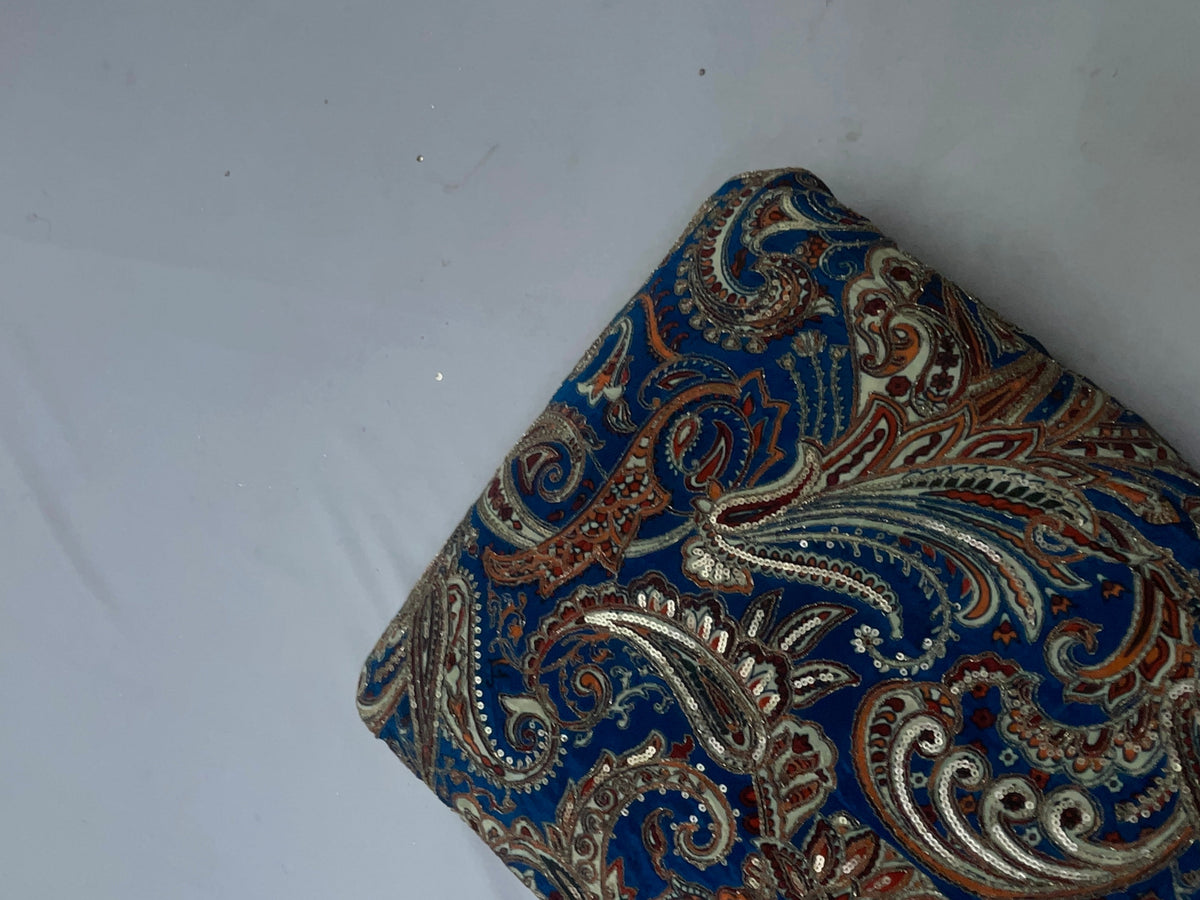 Blue Paisley Embroiderd Crepe Fabric KTEX
