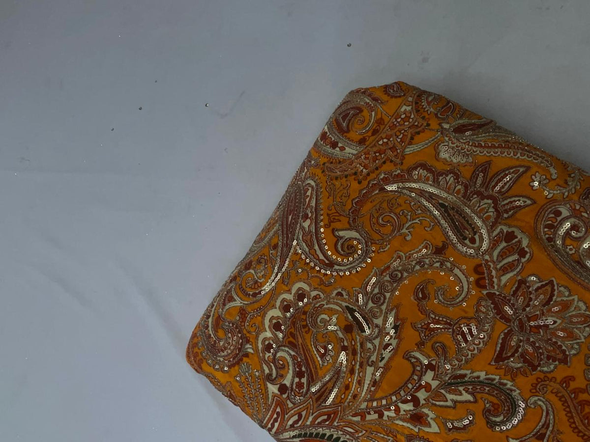 Orange Paisley Embroiderd Crepe Fabric KTEX