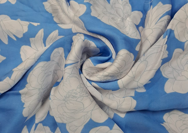 Printed Satin Sky Blue White Floral - Kapda Shop