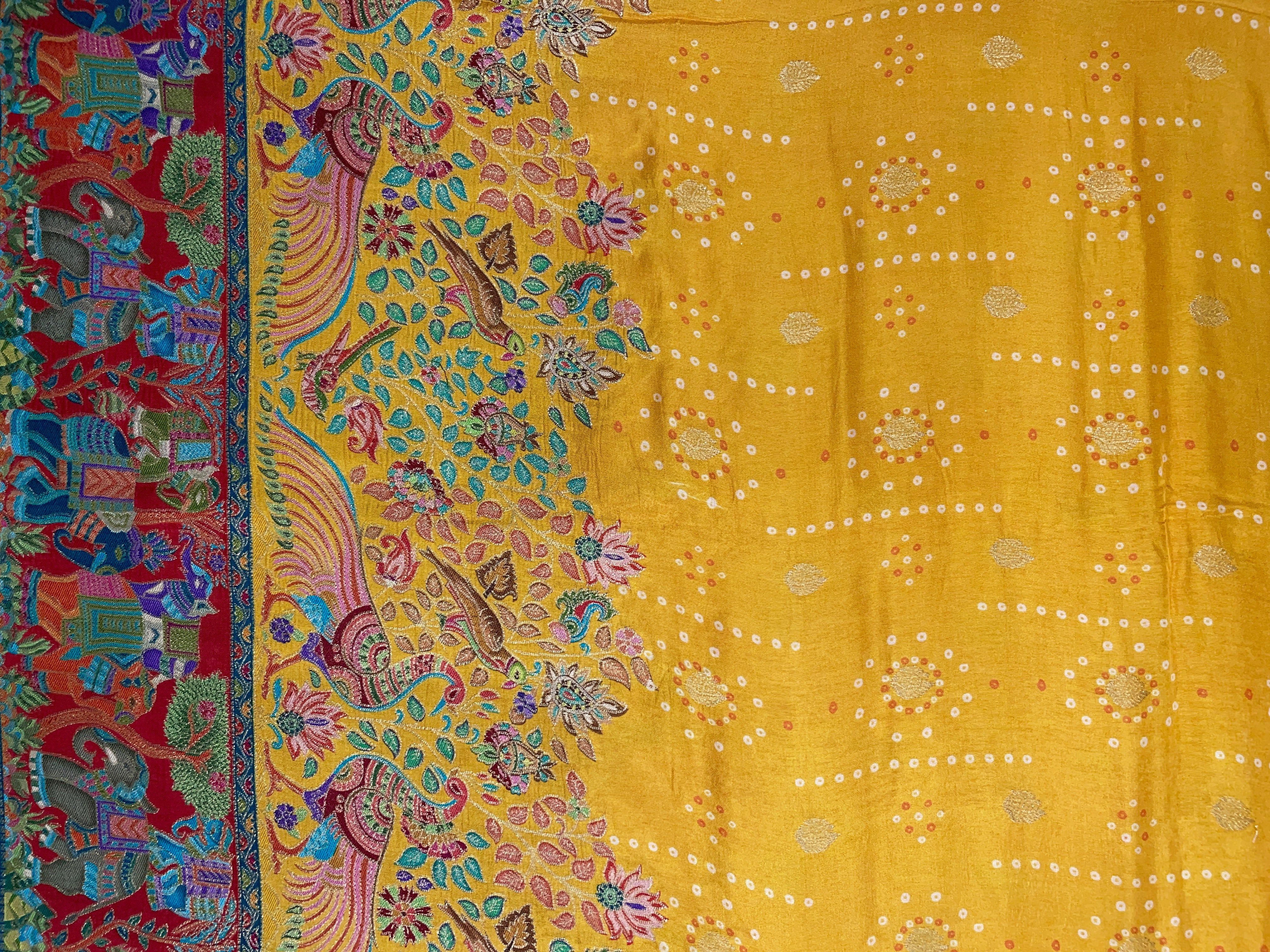 Mustard Yellow Floral Embroidered Dola Silk Fabric - Kapda Shop
