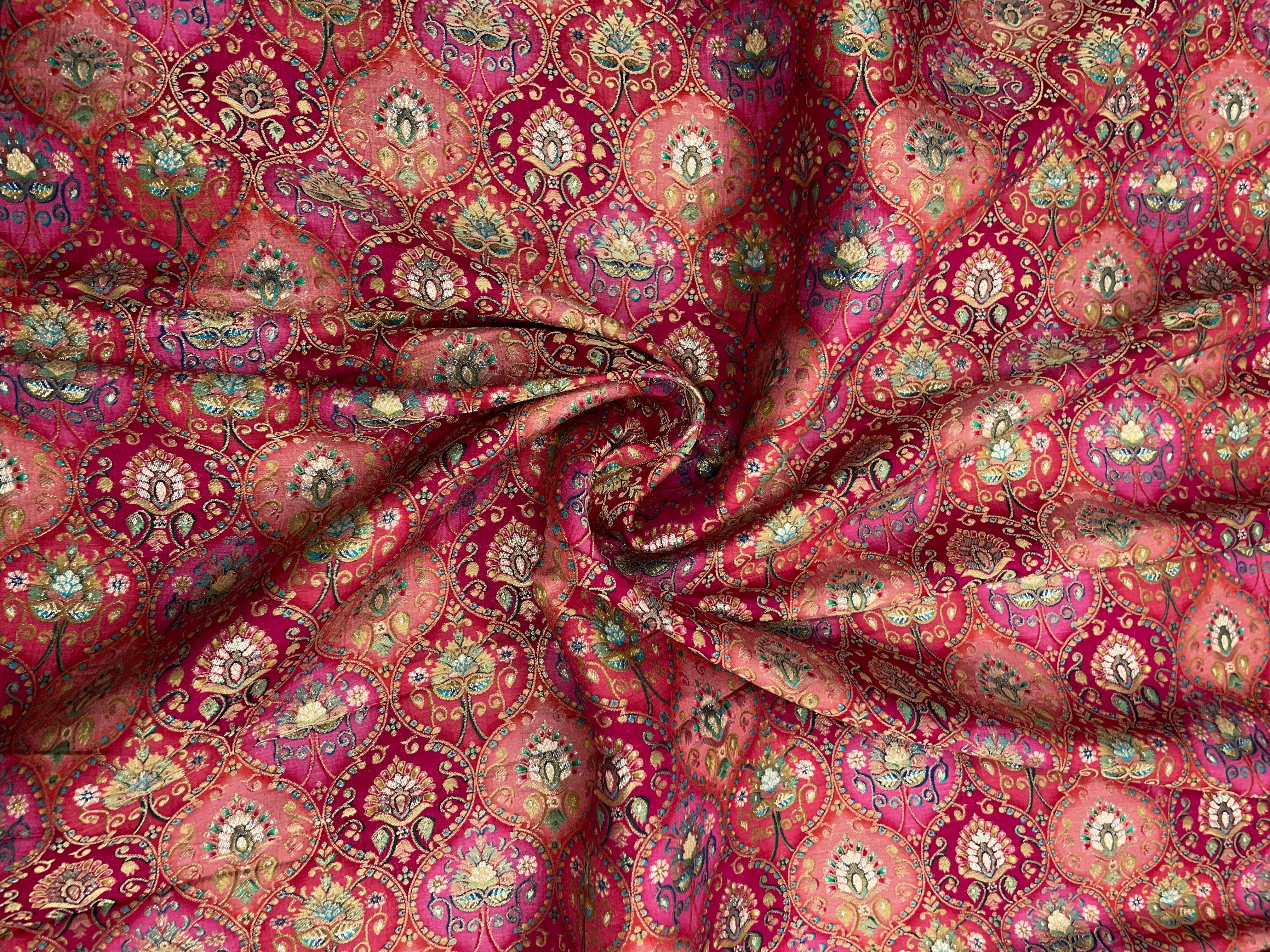 Pink, Multicolor Geometric Embroidered Dola Silk Fabric - Kapda Shop