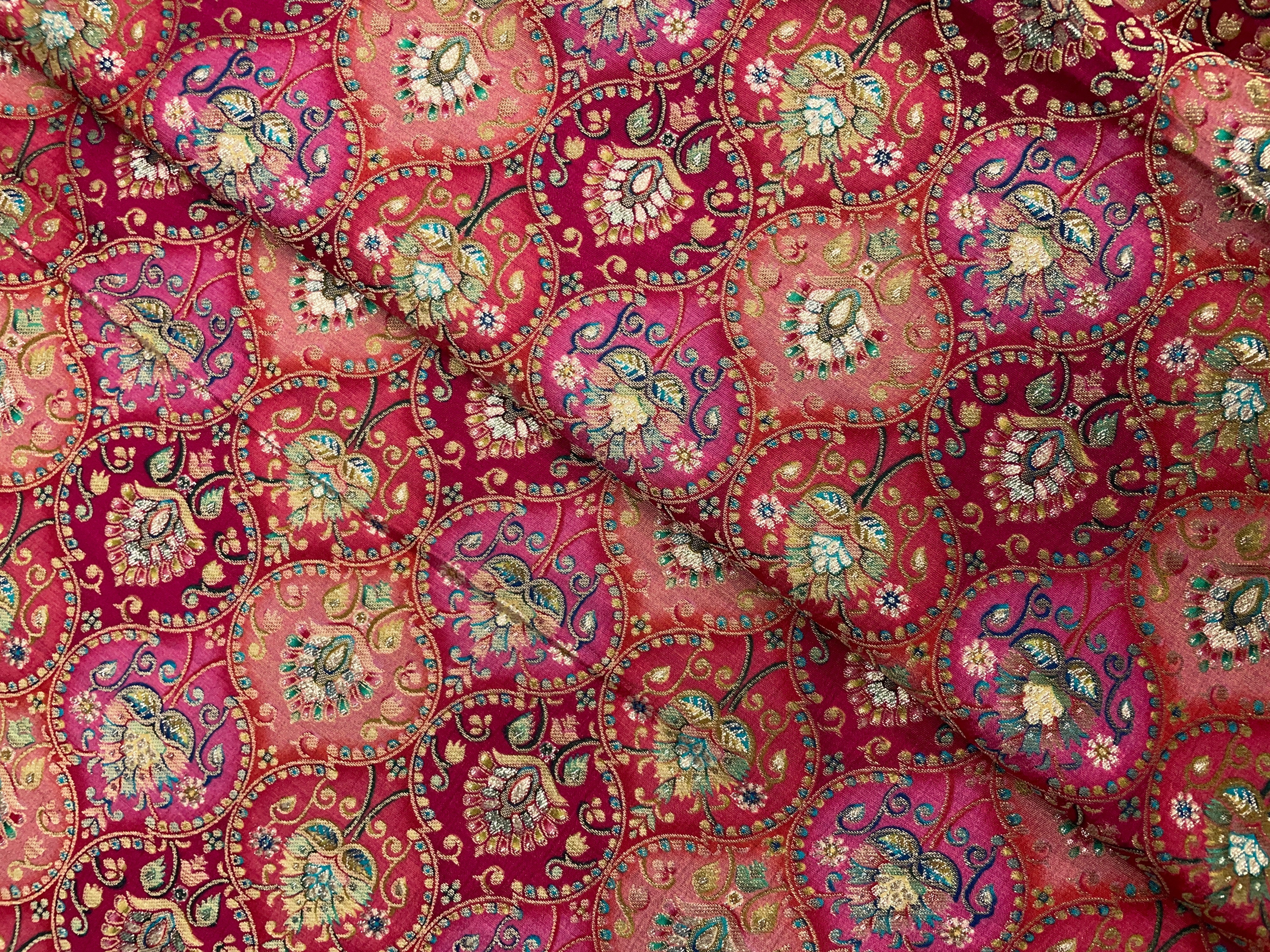 Pink, Multicolor Geometric Embroidered Dola Silk Fabric - Kapda Shop