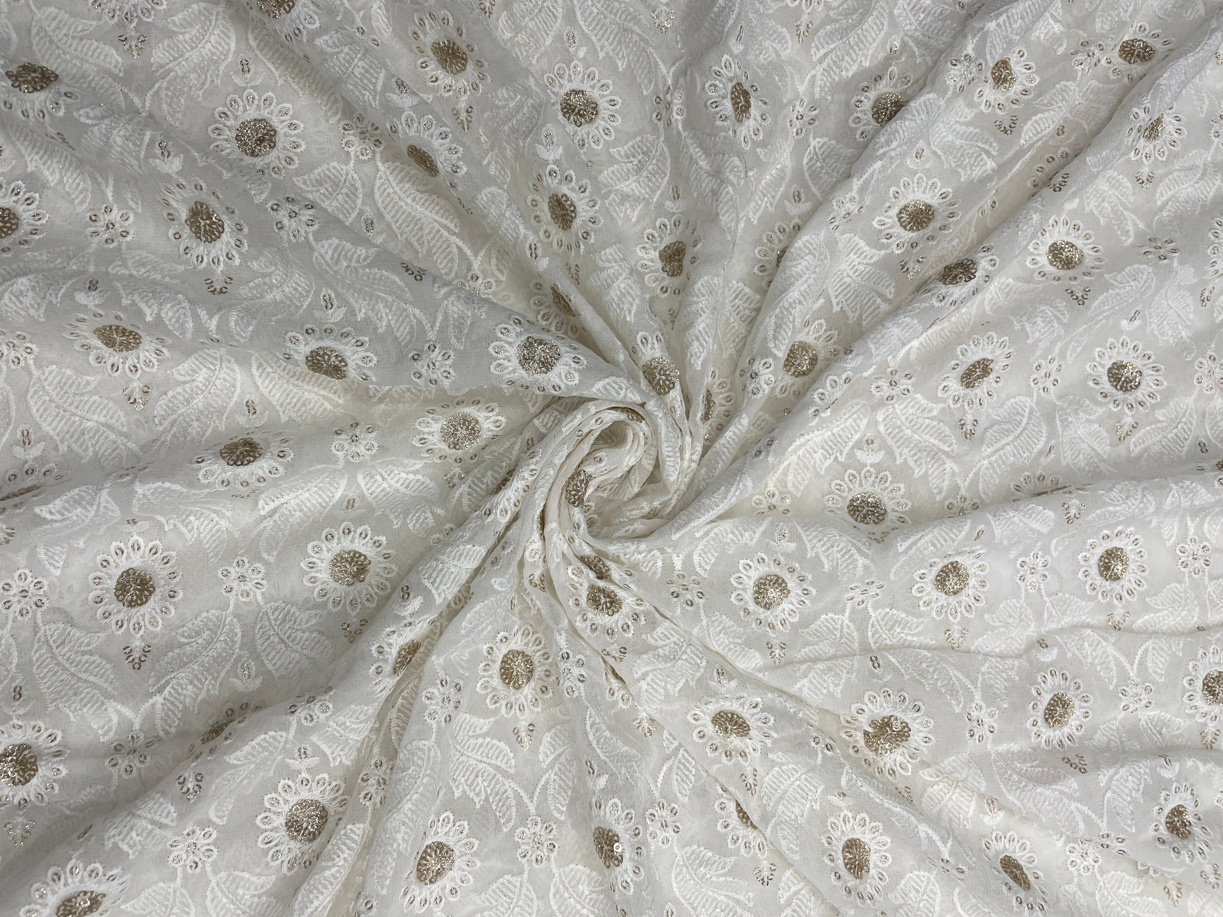 White Floral Dyeable Embroidered Georgette Fabric - Kapda Shop