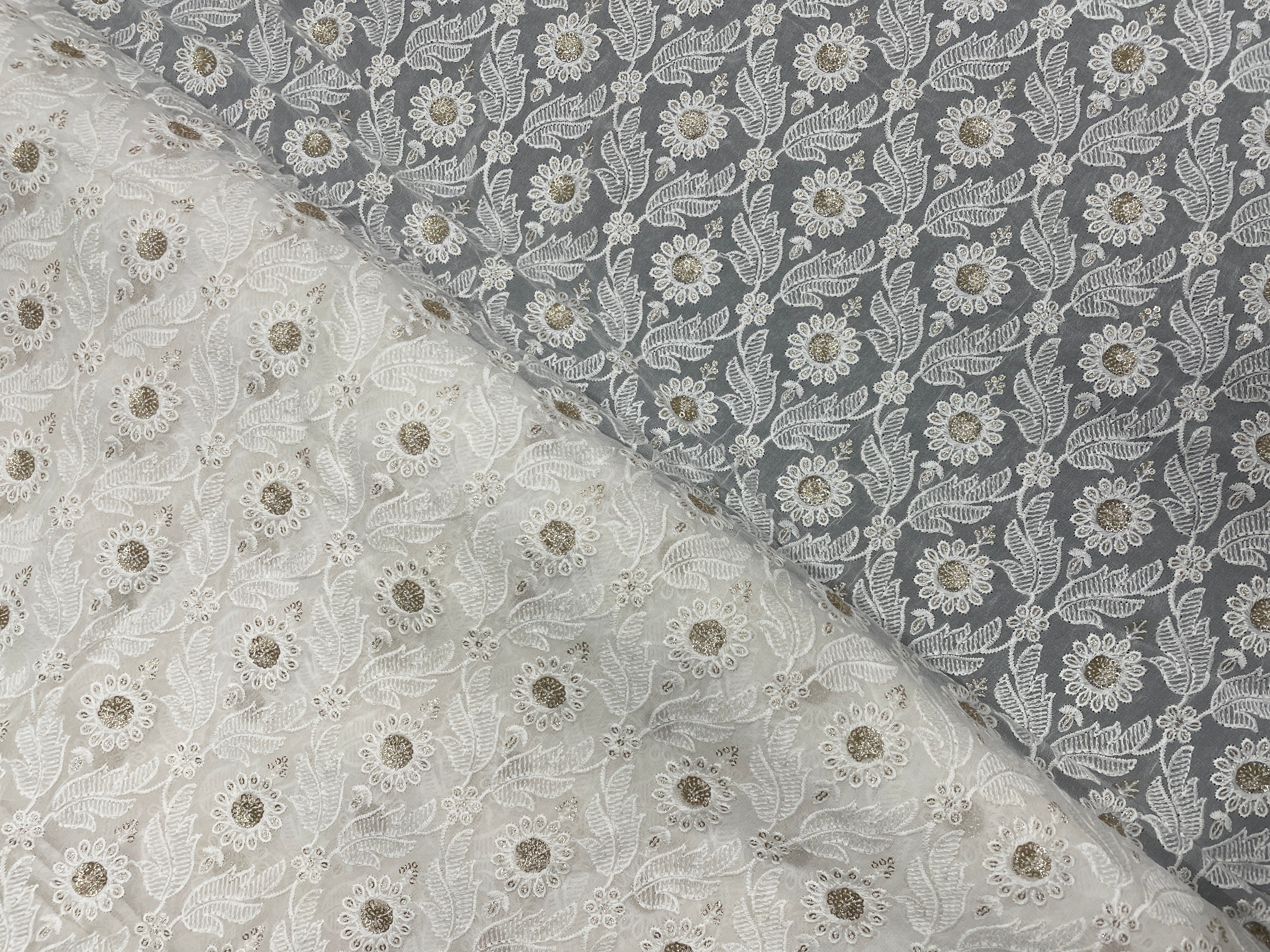 White Floral Dyeable Embroidered Georgette Fabric - Kapda Shop