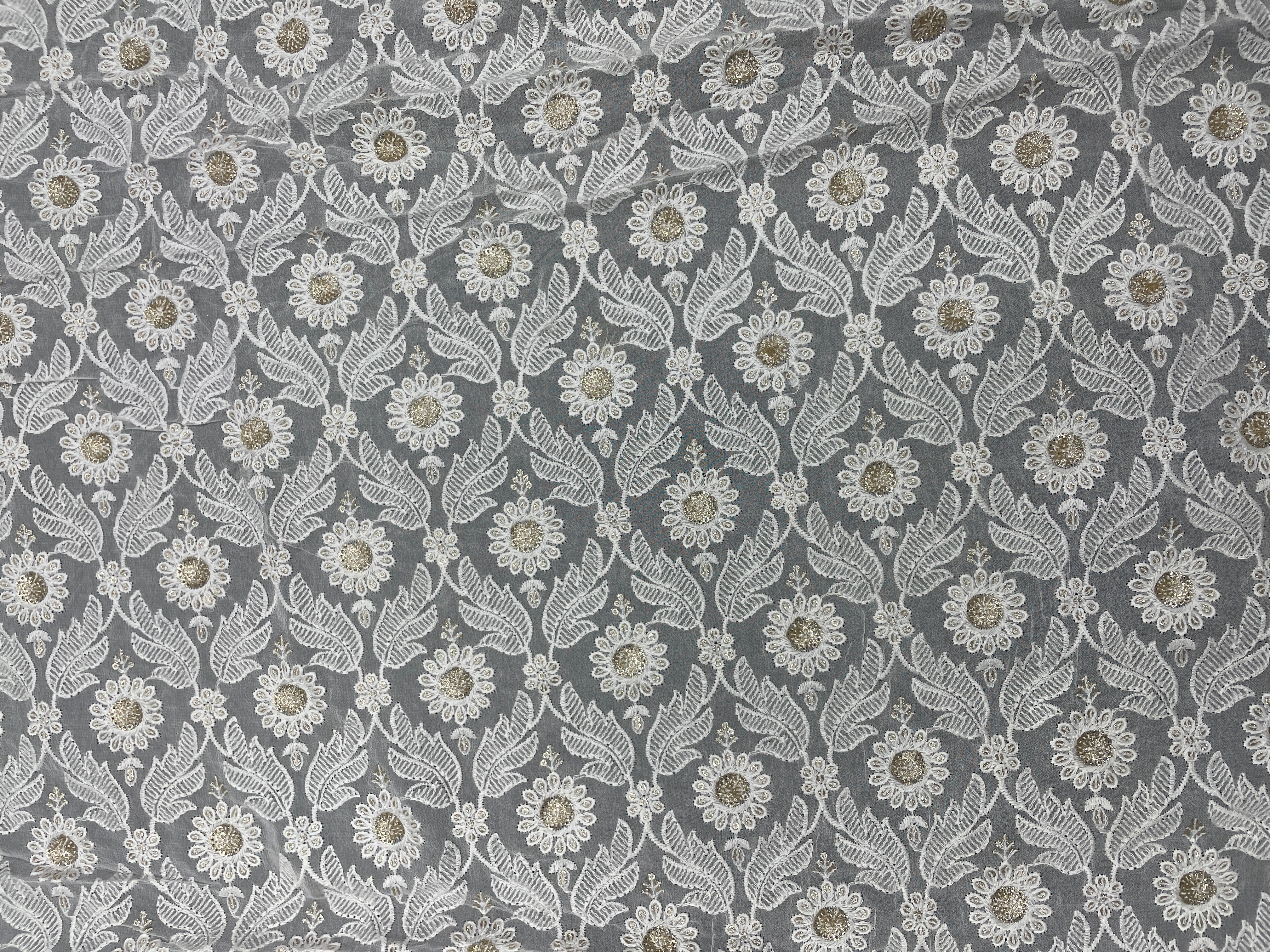 White Floral Dyeable Embroidered Georgette Fabric - Kapda Shop