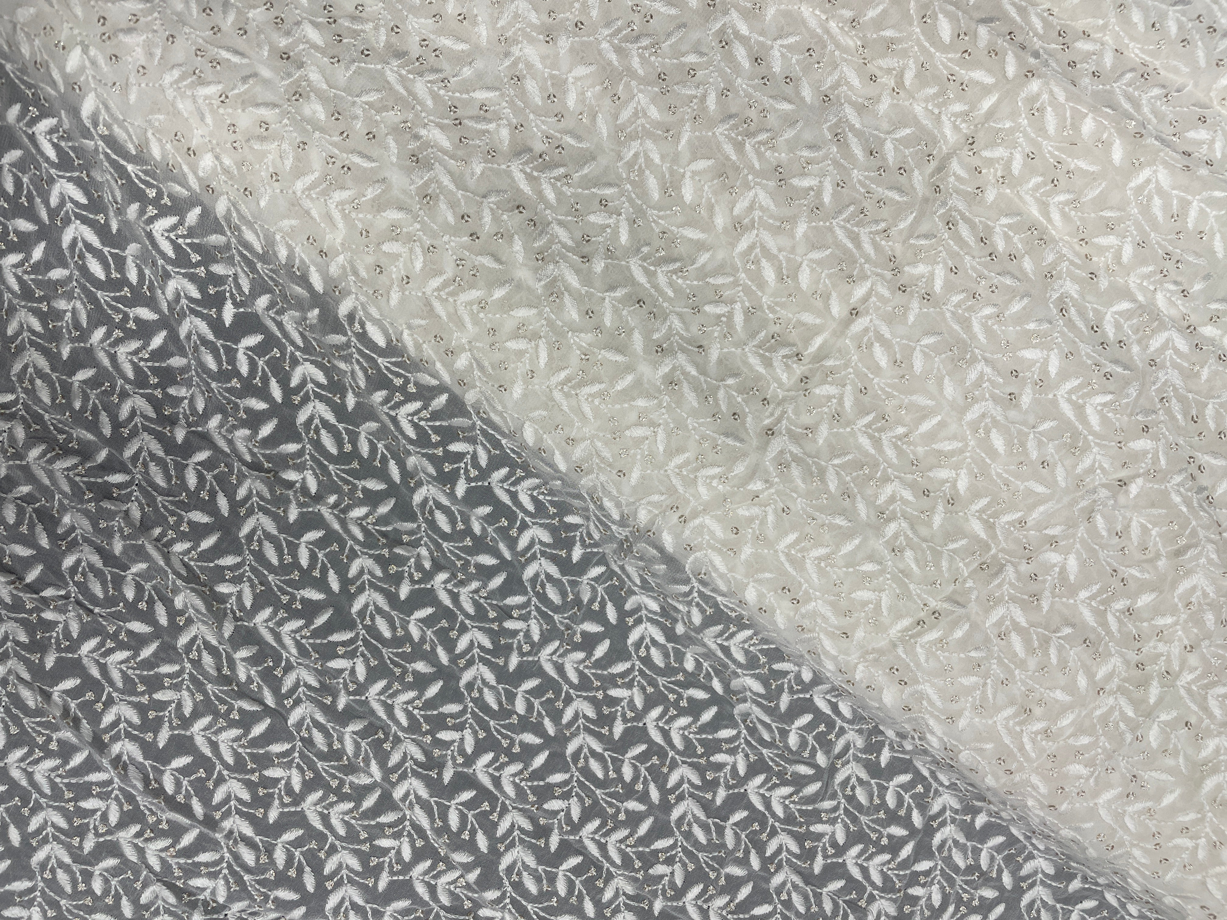 White Floral Dyeable Embroidered Georgette Fabric - Kapda Shop