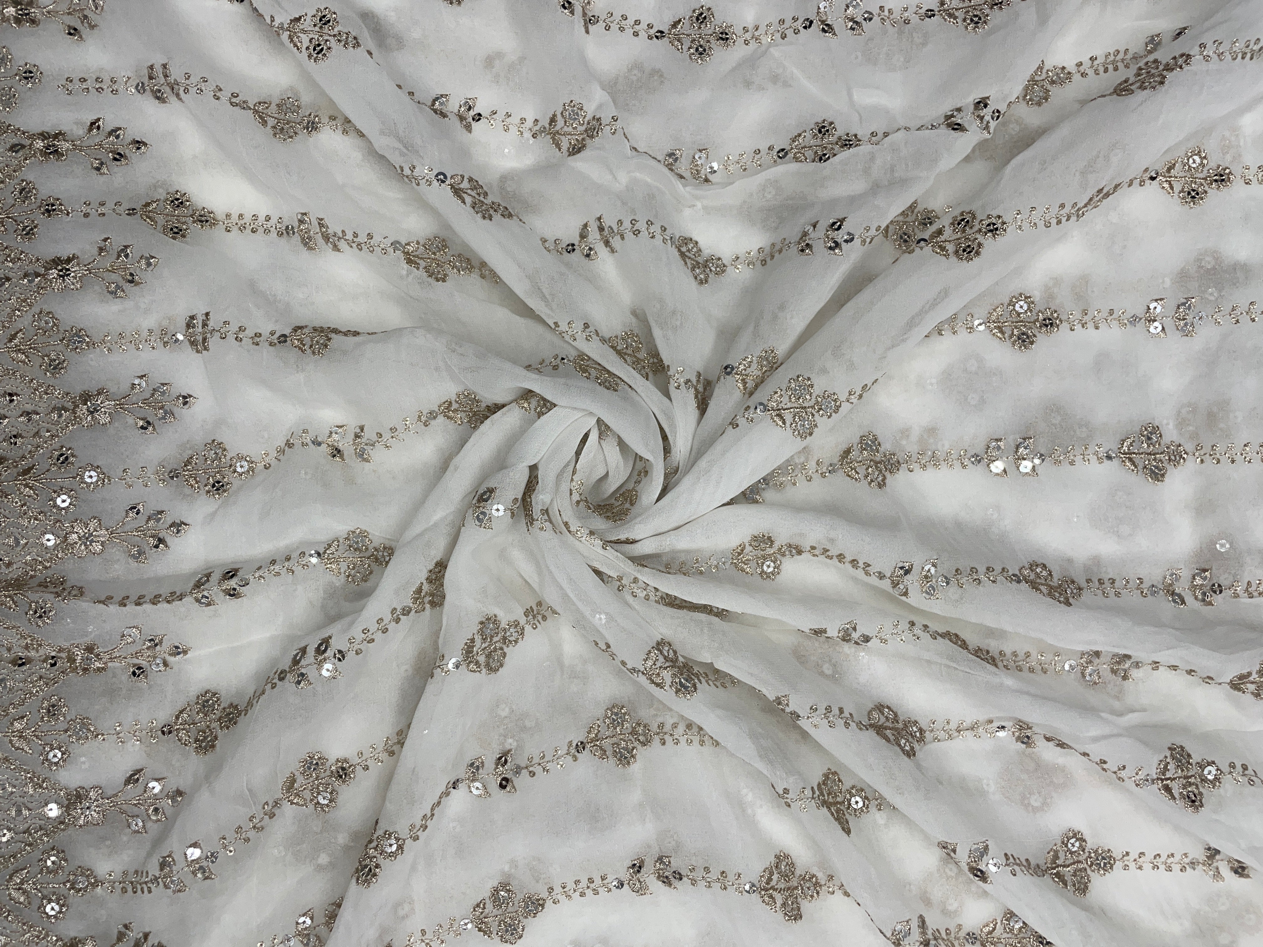 White Stripes Dyeable Embroidered Georgette Fabric - Kapda Shop