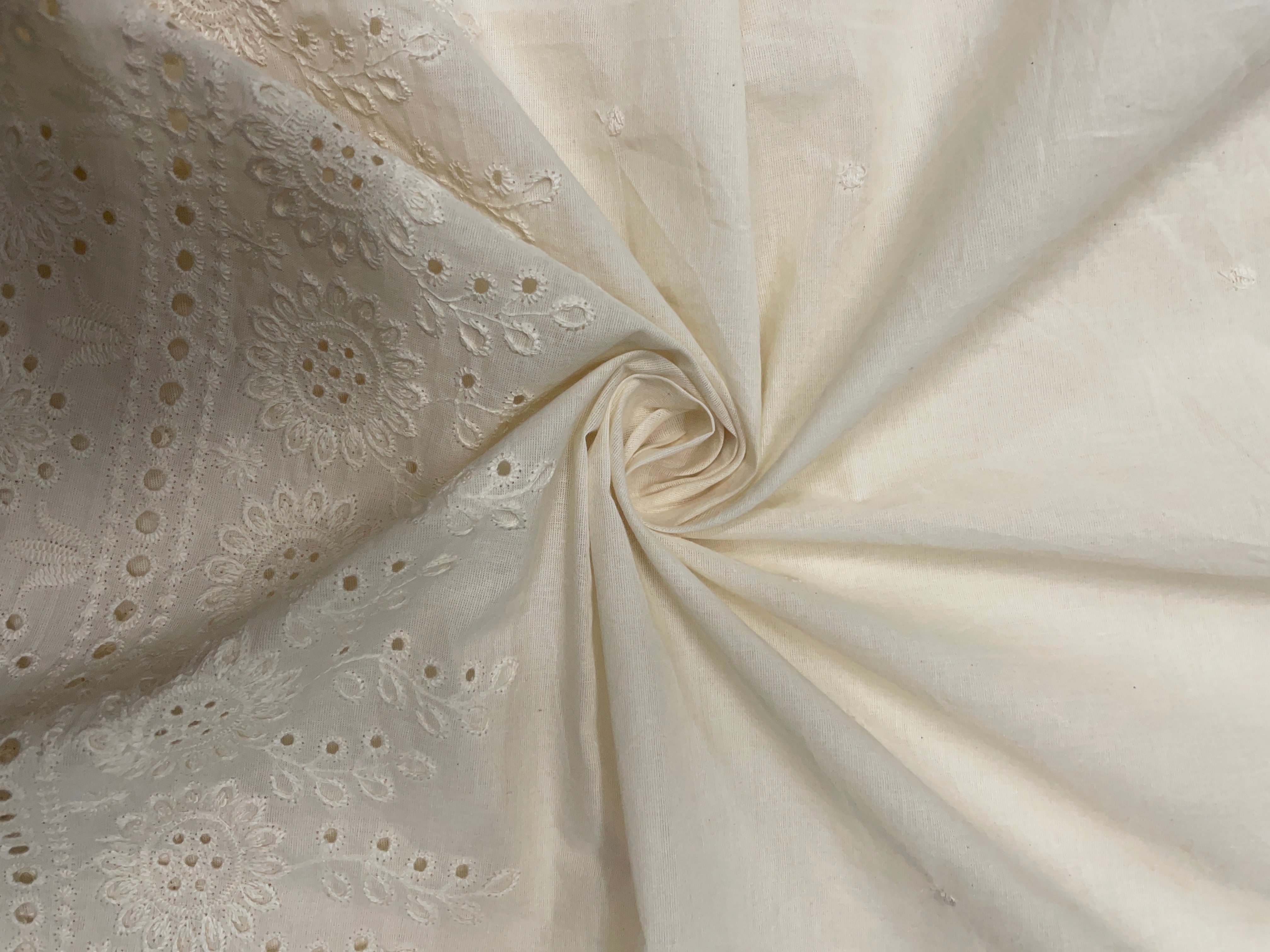 Cream Border Flora Cotton Hakoba Chikan Fabric - Kapda Shop
