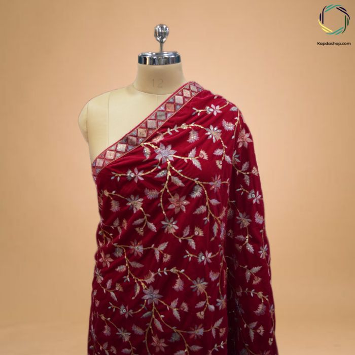 Magenta Floral Embroidered Velvet Dupatta KTEX