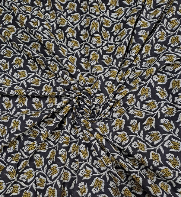 Black Floral Kalamkari Cotton Cambric Fabric