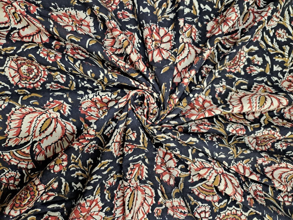 Black Floral Kalamkari Printed Cotton Cambric Fabric