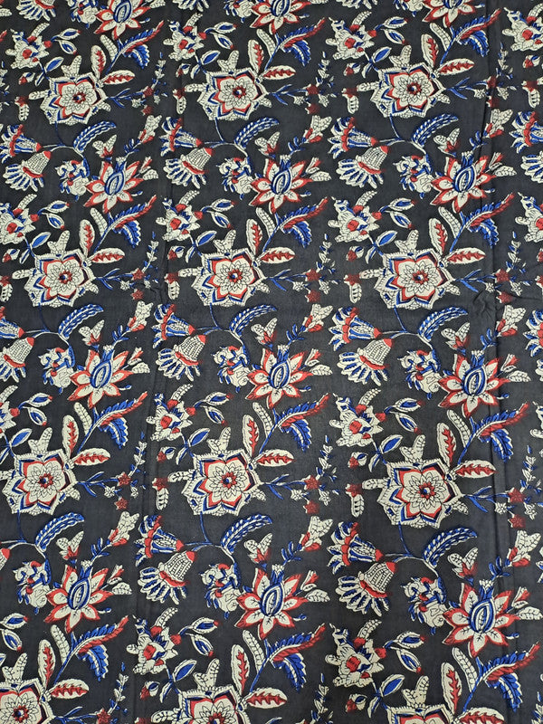 Black Floral Kalamkari Cotton Cambric Fabric