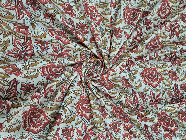 Cream Floral Kalamkari Cotton Cambric Fabric