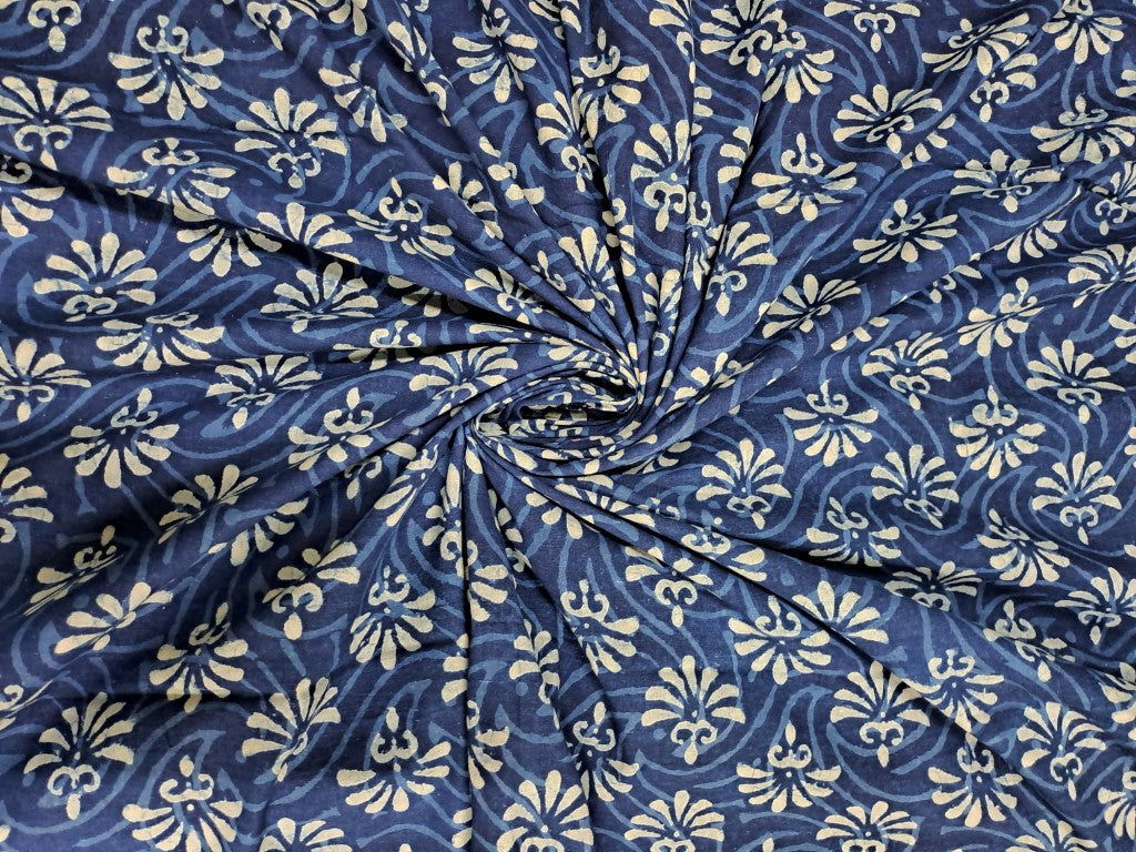 Indigo Blue & White Floral Cotton Cambric Fabric - Kapda Shop