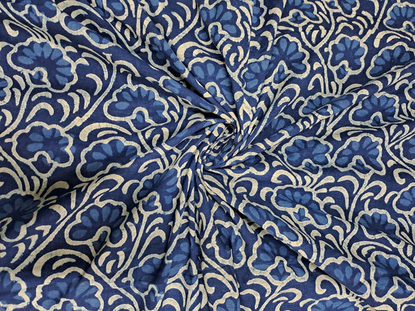 Indigo Blue & White Floral Cotton Cambric Fabric