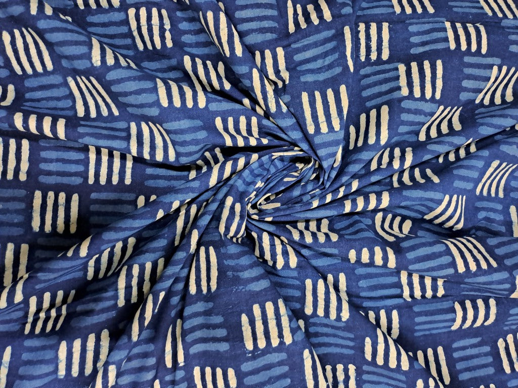 Indigo Blue & White Abstract Cotton Cambric Fabric - Kapda Shop