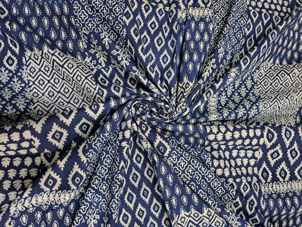 Indigo Blue & White Abstract Cotton Cambric Fabric - Kapda Shop