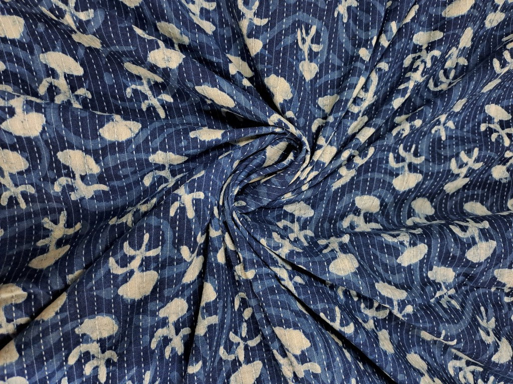 Indigo Blue & White Floral Kantha Cotton Cambric Fabric - Kapda Shop