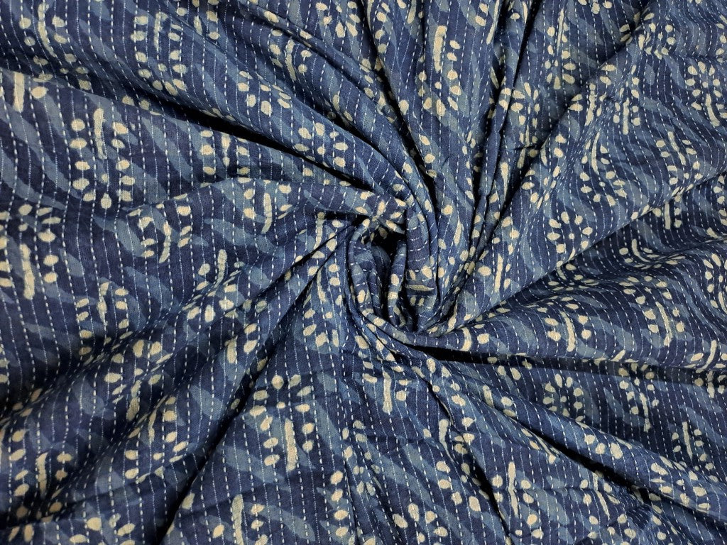Indigo Blue & White Floral Kantha Cotton Cambric Fabric - Kapda Shop